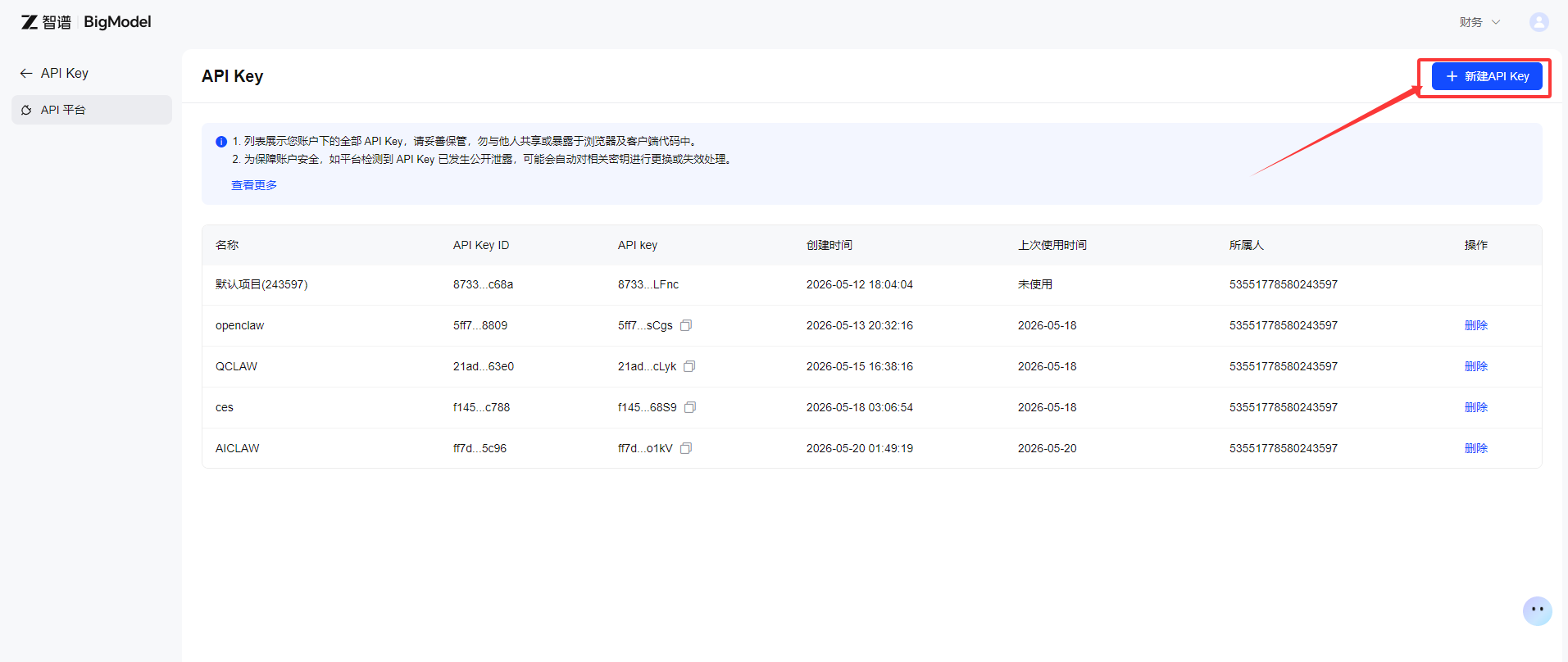 API Key 管理页面